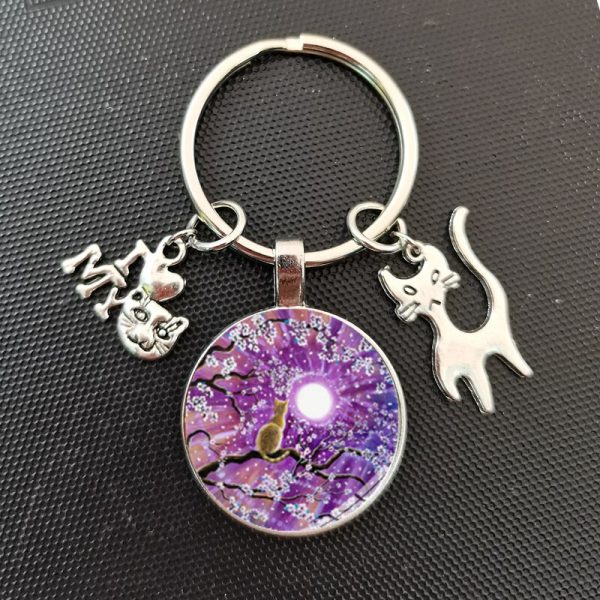 Keychain Sky Animated Cat In The Night With Women Earring Animal Cat Fashion Handbag Purse AT2302